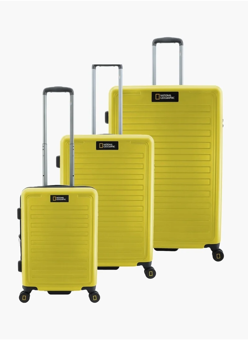 ناشيونال چيوغرافيك National Geographic Cruise 100% PC Hardshell Suitcase Set, Durable Lightweight  TSA Combination Lock Travel Luggage, 4 Quite Spinner Wheel, 3pcs Trolley Bag (20+24+28 Inch) Yellow.