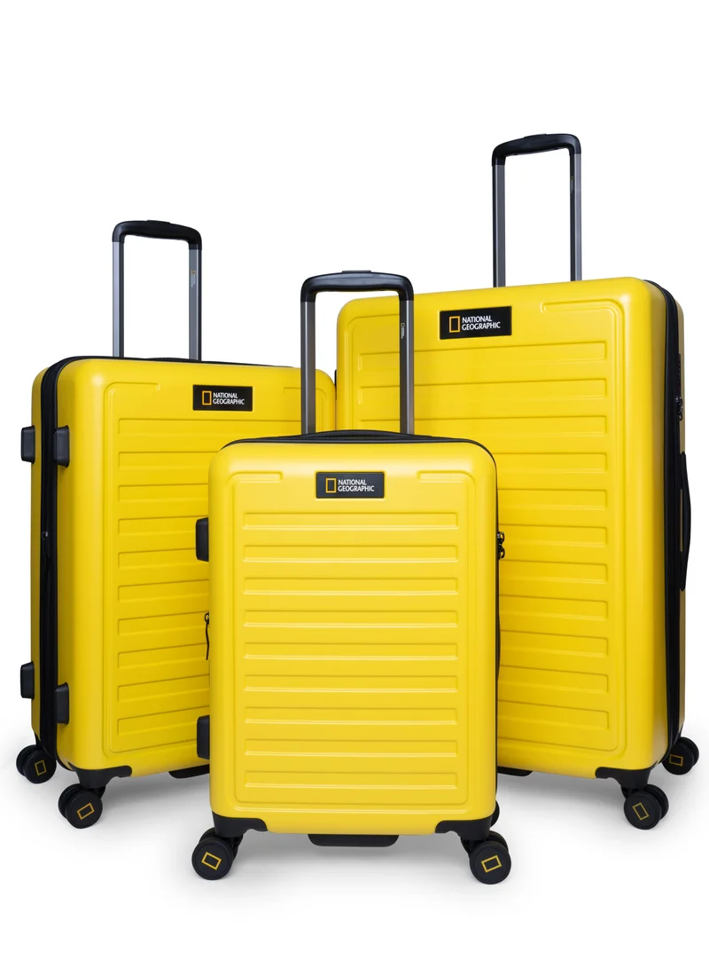 NATIONAL GEOGRAPHIC National Geographic Cruise 100% PC Hardshell Suitcase Set, Durable Lightweight  TSA Combination Lock Travel Luggage, 4 Quite Spinner Wheel, 3pcs Trolley Bag (20+24+28 Inch) Yellow.