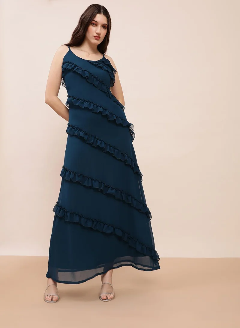 globus Globus Women Teal Scoop Neck Strappy Sleeves Ruffle Detail Georgette A-Line Maxi Party Dress