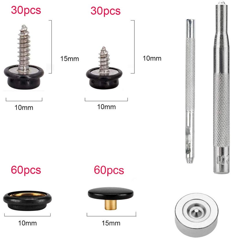 BetterJonny 180 Pieces Canvas Snap Kit, BetterJonny Stainless Steel Screws Snaps Marine Grade Canvas and Upholstery Boat Snaps Button Fastener with 3 Setting Tools for Boat Cover Furniture Black - Image 2