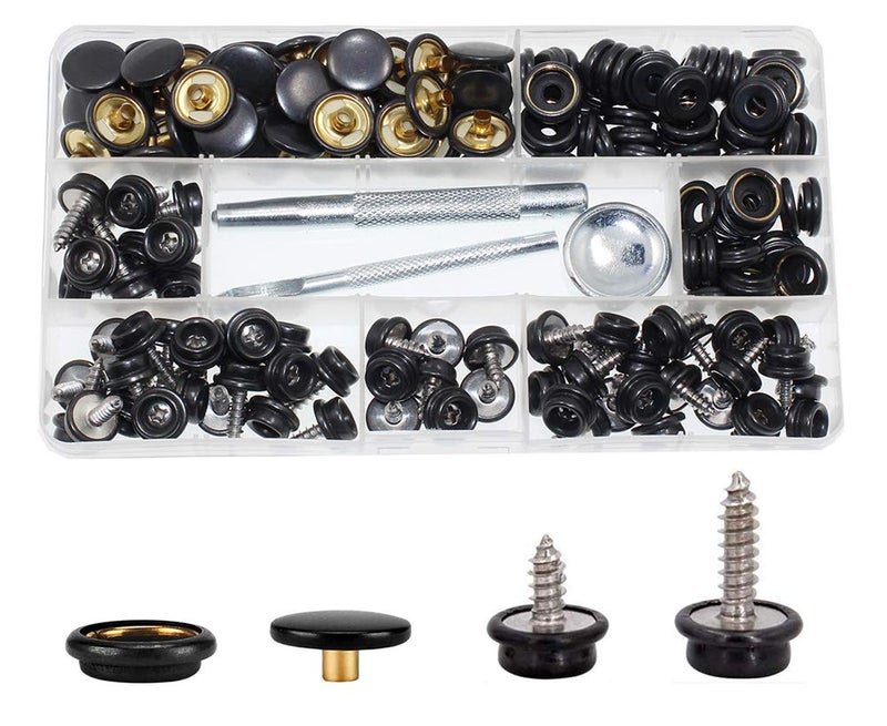 BetterJonny 180 Pieces Canvas Snap Kit, BetterJonny Stainless Steel Screws Snaps Marine Grade Canvas and Upholstery Boat Snaps Button Fastener with 3 Setting Tools for Boat Cover Furniture Black - Image 1