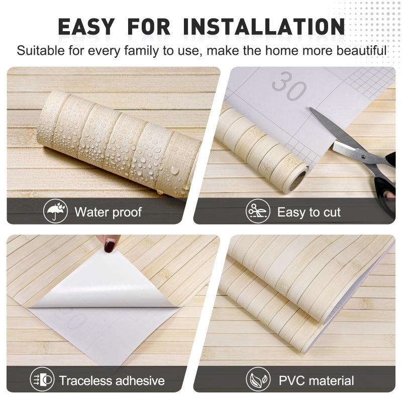 Qianglive Bamboo Wallpaper Peel and Stick - 17.3â€x120â€ Realistic Wood Slat Texture, Self-Adhesive Vinyl for Accent Wall, Bathroom, Spa Room, Natural Decor, Waterproof & Easy Install Beige - Image 2