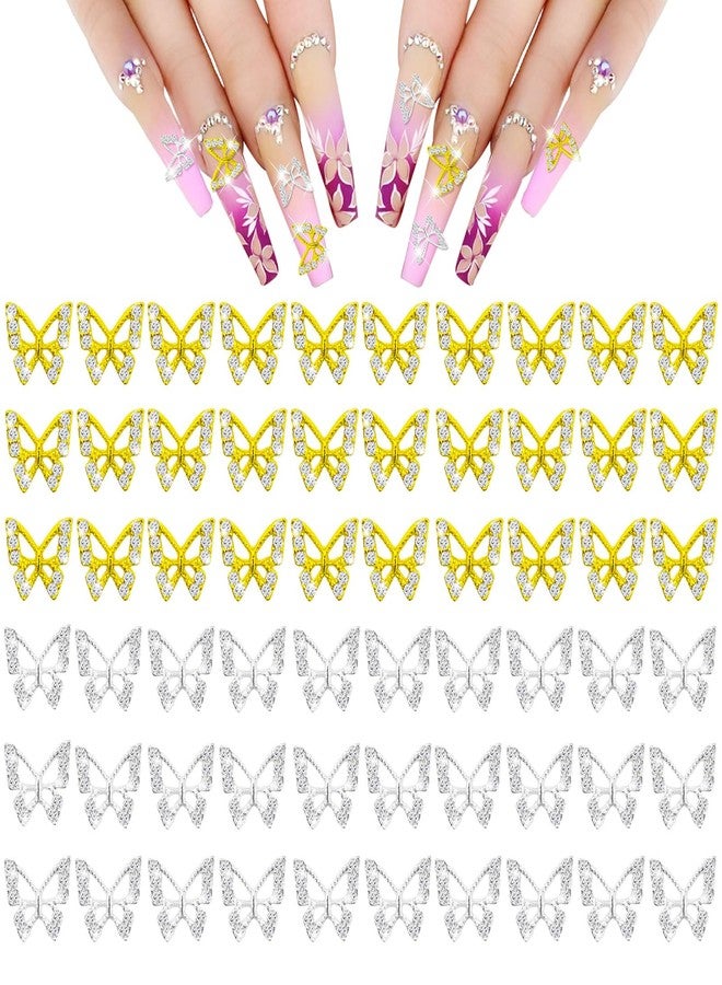 Dexspoeny 60Pcs Butterflies Nail Charms for Shiny Gold Silver Crystals Nails, Art 3D Metallic Fairy Nail Gems Butterflies Decoration Supplies for Women Girls Nails DIY Manicure Jewelry - Image 1