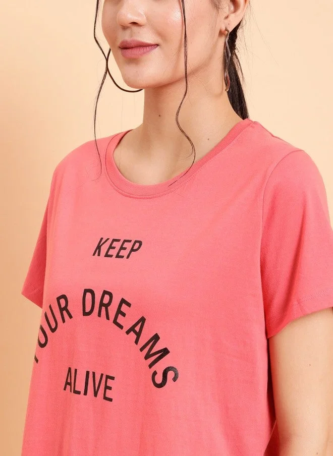 مينت ستريت Pink Typography Printed Casual T-Shirt for Women