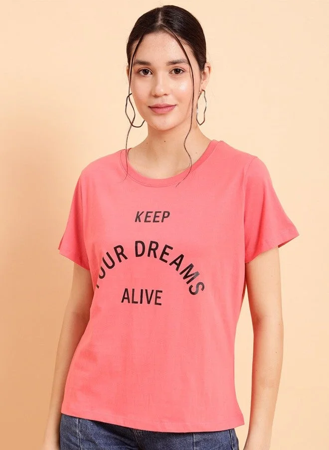 مينت ستريت Pink Typography Printed Casual T-Shirt for Women