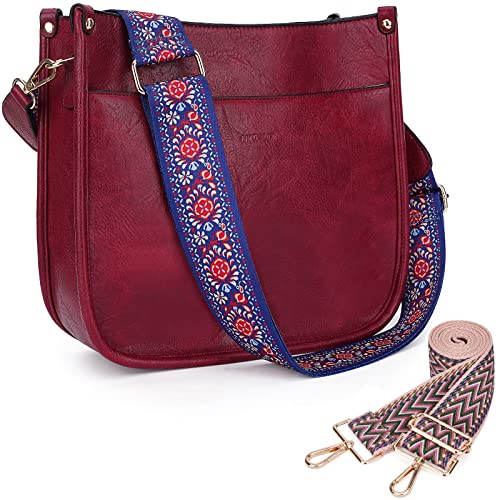 HKCLUF Crossbody Bags for Women Trendy Vegan Leather Hobo Handbags With 2 Adjustable Guitar Strap Crossbody Bucket Purse for Women(Red) - Image 1
