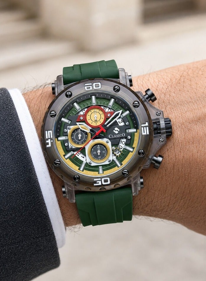 Clasico Obsidian Drive Men’s Luxury Chronograph Watch | 45mm Green Dial | Elite PE903 Movement | Green Silicone Strap | 3ATM Water Resistant Luxury Watch - Image 5