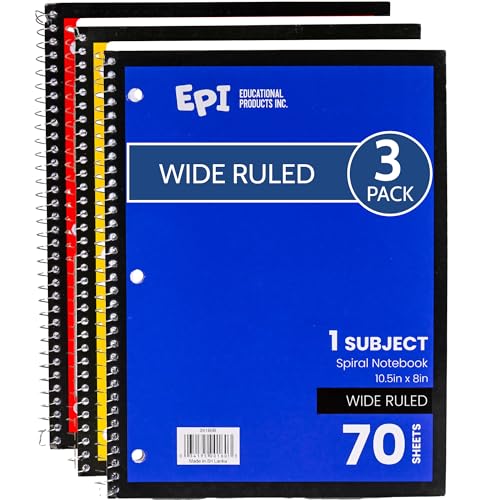 EPI Spiral Notebook | Wide - 70 Sheets, Durable Spiral Binding | 10.5 x 8 in | Classroom Supplies | School, Office, Note Taking, Journaling - 3 Pack - Image 1