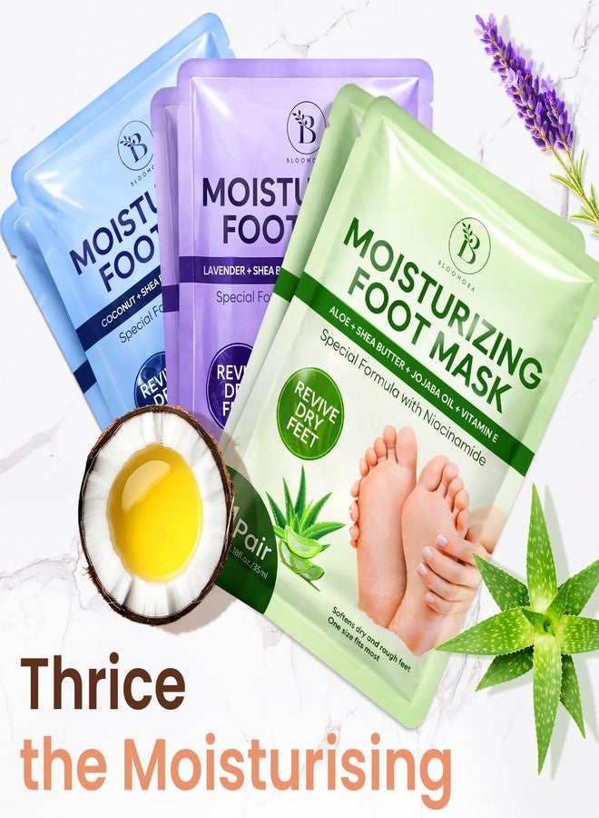 BLOOMORA 6 Pack Moisturizing Foot Mask for Dry Cracked Feet, Restoring & Hydrating Socks with Lavender, Shea Butter, Jojoba Oil & Vitamin E, Feet Mask for Women & Men Foot Care - Image 4