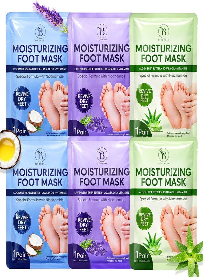 BLOOMORA 6 Pack Moisturizing Foot Mask for Dry Cracked Feet, Restoring & Hydrating Socks with Lavender, Shea Butter, Jojoba Oil & Vitamin E, Feet Mask for Women & Men Foot Care - Image 1