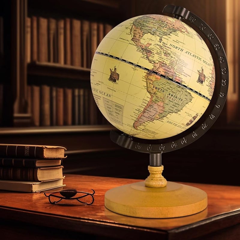 Vintage Rotating World Globe On Wooden Base Educational Geography Desktop Decor - Image 4