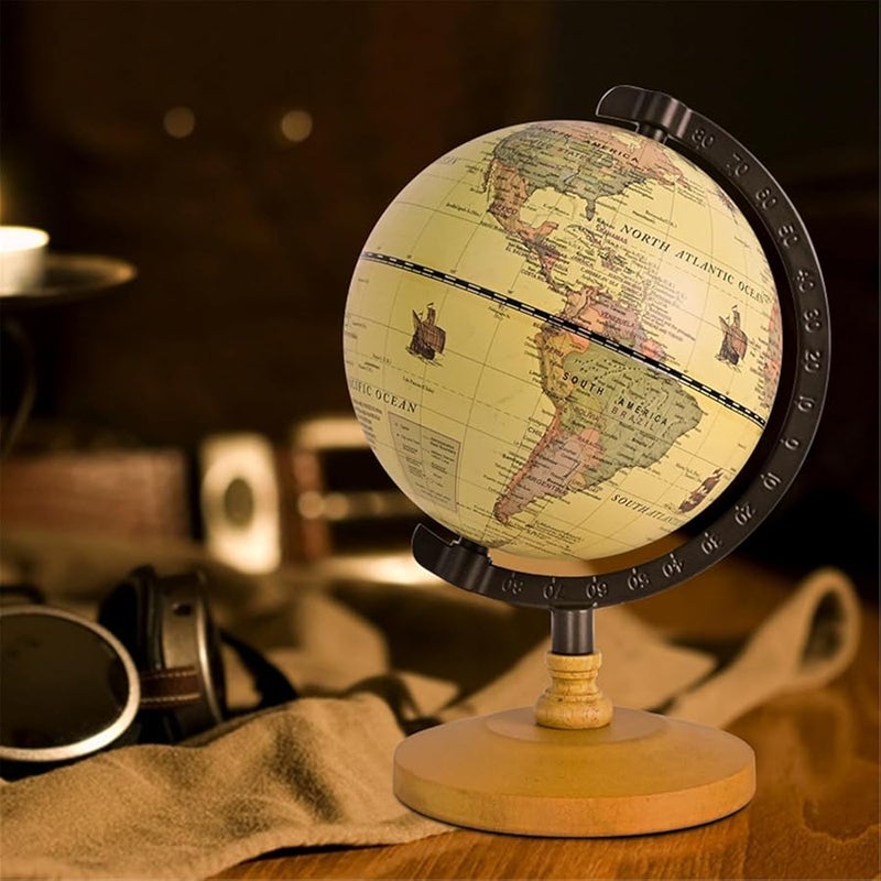 Vintage Rotating World Globe On Wooden Base Educational Geography Desktop Decor - Image 3
