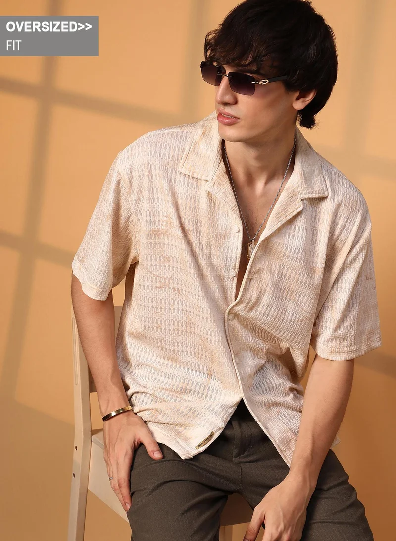 Campus Sutra Campus Sutra Men's Tan Brown & Ivory White Faded Woven Oversized Shirt For Casual Wear | Cuban Collar | Short Sleeve | Button Closure | Oversized Shirt Crafted With Comfort Fit For Everyday Wear