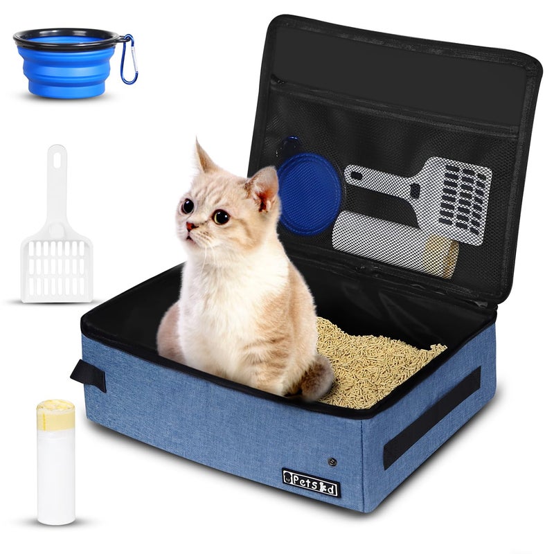 Petskd Portable Cat Travel Litter Box with Lid and 10 pcs Disposable Liner Bags, Leak-Proof and Collapsible, Cat Travel Essentials for Car, Hotel, Airplane and Other Outdoor Use(Blue) - Image 1