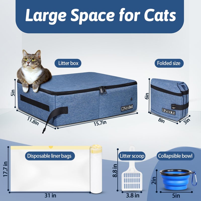 Petskd Portable Cat Travel Litter Box with Lid and 10 pcs Disposable Liner Bags, Leak-Proof and Collapsible, Cat Travel Essentials for Car, Hotel, Airplane and Other Outdoor Use(Blue) - Image 2