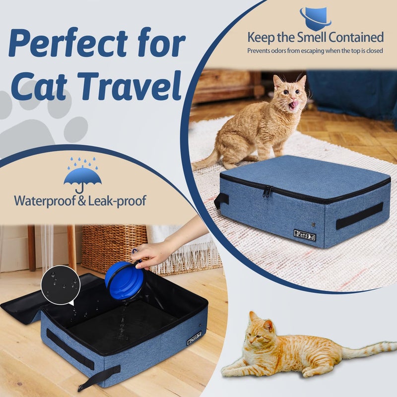 Petskd Portable Cat Travel Litter Box with Lid and 10 pcs Disposable Liner Bags, Leak-Proof and Collapsible, Cat Travel Essentials for Car, Hotel, Airplane and Other Outdoor Use(Blue) - Image 3