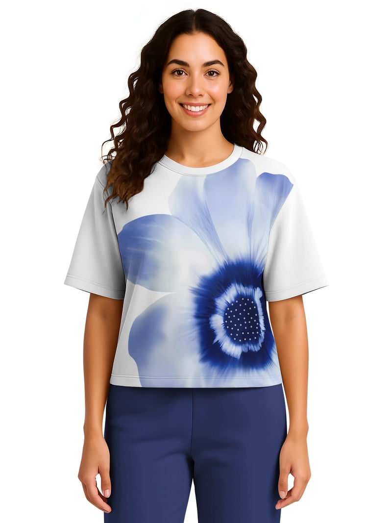 HELLCAT Trendy Printed Oversized Fit Crew-Neck Crop Tshirt for Women_Blue_XX-Large - Image 1