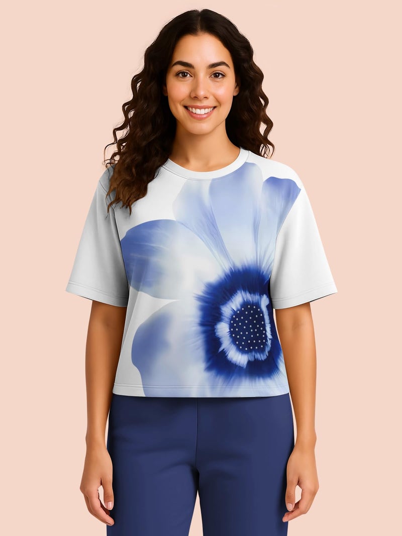 HELLCAT Trendy Printed Oversized Fit Crew-Neck Crop Tshirt for Women_Blue_XX-Large - Image 2