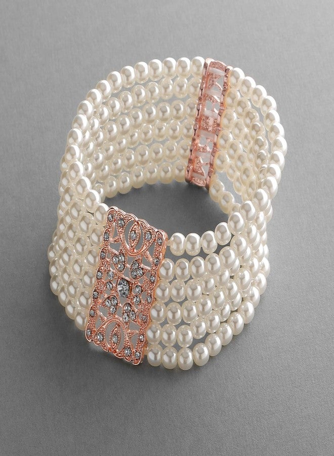 Mariell Ivory Pearl and 14K Rose Gold Plated Crystal Stretch Cuff Bracelet, Medium Size 6" to 7" Fits Most Wrists, Simulated Pearls, Vintage Design Bracelet For Brides, Weddings, Mother of the Bride - Image 3