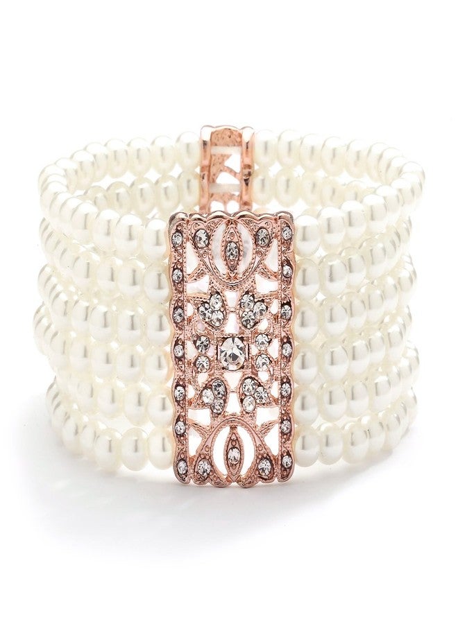 Mariell Ivory Pearl and 14K Rose Gold Plated Crystal Stretch Cuff Bracelet, Medium Size 6" to 7" Fits Most Wrists, Simulated Pearls, Vintage Design Bracelet For Brides, Weddings, Mother of the Bride - Image 1