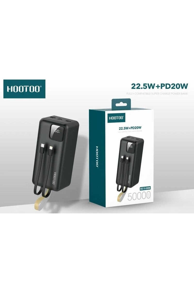 HooToo 50000mAh Portable Power Bank – 22.5W Fast Charging Battery Pack with Built-in USB-C & Lightning Cables, Digital Display, LED Flashlight & Carrying Strap – Universal Compatibility, Black  - Image 2