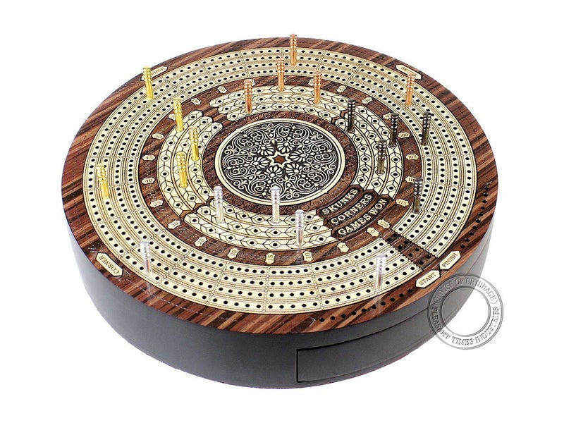 House of Cribbage - 10"" Round Shape 4 Tracks Continuous Cribbage Board - Rosewood/Maple - Push Drawer with Score Marking Fields for Skunks  Corners & Won Games - Image 2