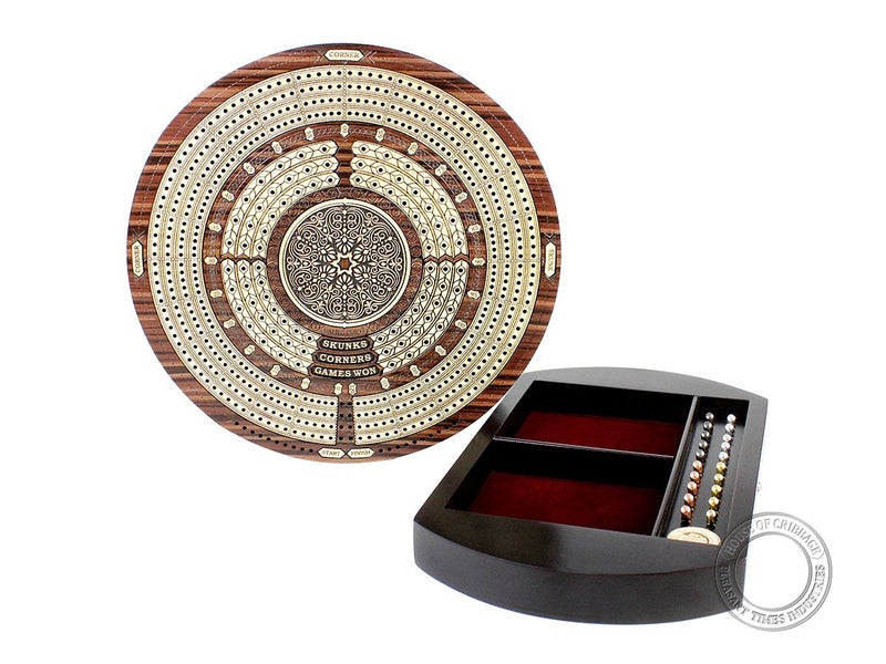 House of Cribbage - 10"" Round Shape 4 Tracks Continuous Cribbage Board - Rosewood/Maple - Push Drawer with Score Marking Fields for Skunks  Corners & Won Games - Image 5