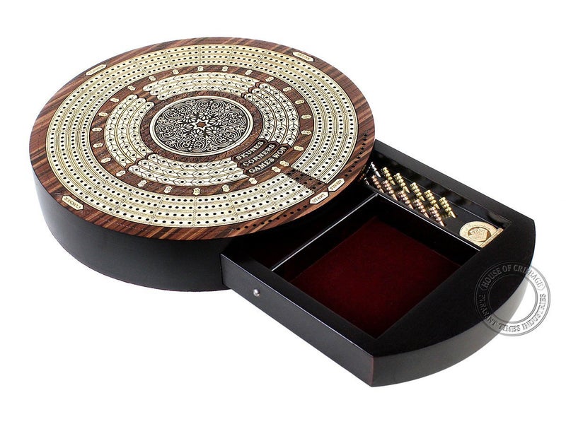 House of Cribbage - 10"" Round Shape 4 Tracks Continuous Cribbage Board - Rosewood/Maple - Push Drawer with Score Marking Fields for Skunks  Corners & Won Games - Image 1