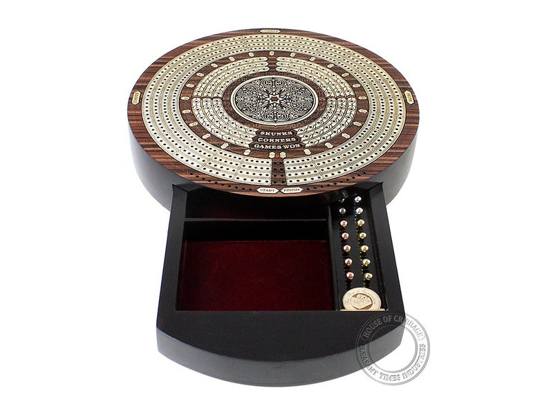 House of Cribbage - 10"" Round Shape 4 Tracks Continuous Cribbage Board - Rosewood/Maple - Push Drawer with Score Marking Fields for Skunks  Corners & Won Games - Image 3