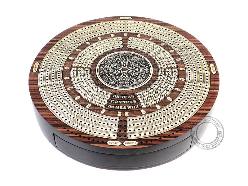 House of Cribbage - 10"" Round Shape 4 Tracks Continuous Cribbage Board - Rosewood/Maple - Push Drawer with Score Marking Fields for Skunks  Corners & Won Games - Image 4