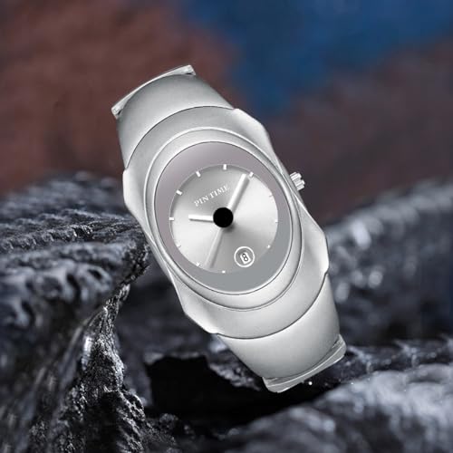 PINTIME Fashion Mens Unique Watches Slim Sleek Classic Stainless Steel Quartz Waterproof Business Wristwatches for Men Auto Date (Silver White) - Image 3