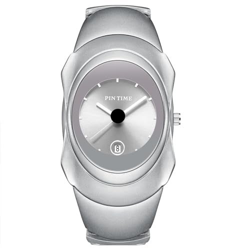 PINTIME Fashion Mens Unique Watches Slim Sleek Classic Stainless Steel Quartz Waterproof Business Wristwatches for Men Auto Date (Silver White) - Image 5