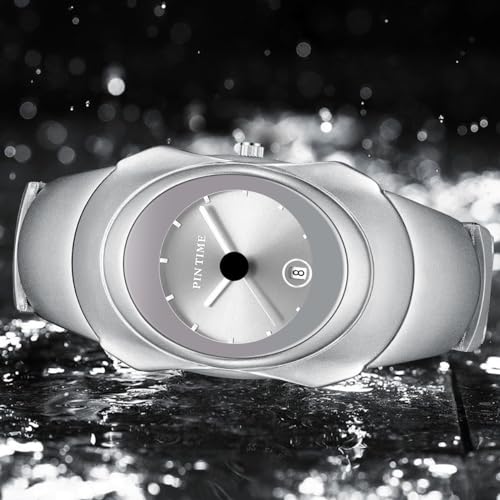 PINTIME Fashion Mens Unique Watches Slim Sleek Classic Stainless Steel Quartz Waterproof Business Wristwatches for Men Auto Date (Silver White) - Image 2