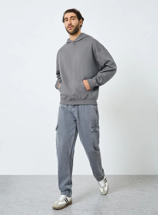 Styli Men Grey Printed Oversized Hoodie