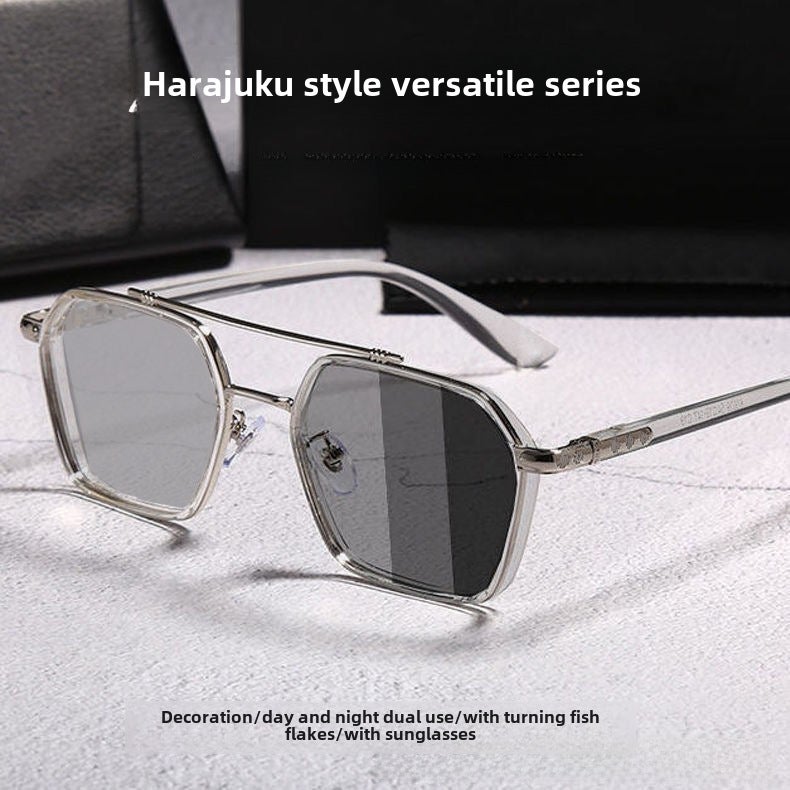 Generic Retro Double Beam Sunglasses for Men UV Protection Fashion Driving Shades gray silver frame [discolored gray] 