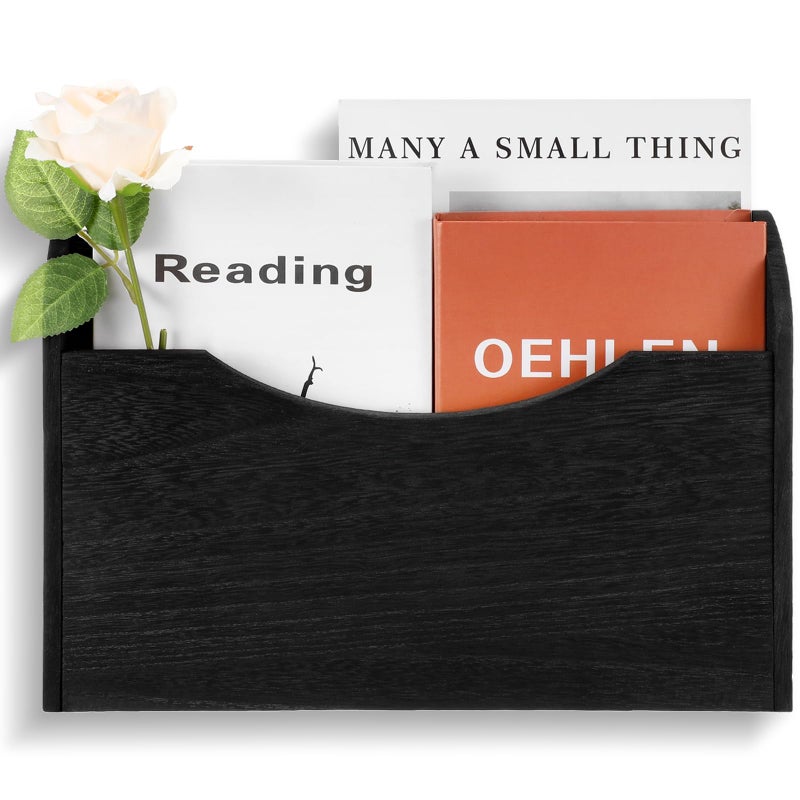 Suzile Wall Mounted File Holder Wood Magazine Holder Wall Hanging File Organizer for Office Mail Magazine Letter Paper Folder Organization Black - Image 2