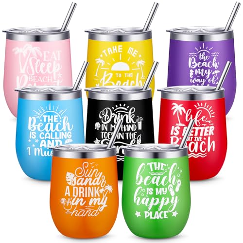 Sliner 8 Pcs Beach Girls Trip Wine Tumbler with Lids Summer Beach Travel Gifts 12oz Stainless Steel Wine Cups for Girls Women Weekend Trip Vacation Cruise Seaside Gifts - Image 1