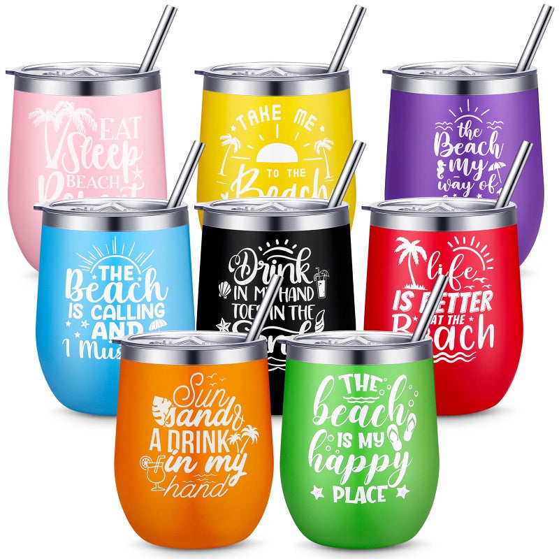 Sliner 8 Pcs Beach Girls Trip Wine Tumbler with Lids Summer Beach Travel Gifts 12oz Stainless Steel Wine Cups for Girls Women Weekend Trip Vacation Cruise Seaside Gifts - Image 2