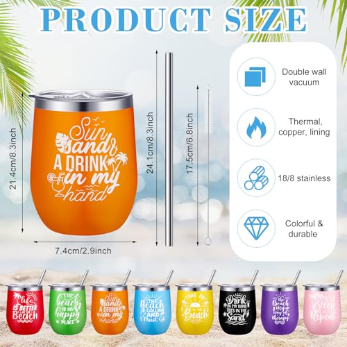 Sliner 8 Pcs Beach Girls Trip Wine Tumbler with Lids Summer Beach Travel Gifts 12oz Stainless Steel Wine Cups for Girls Women Weekend Trip Vacation Cruise Seaside Gifts - Image 3
