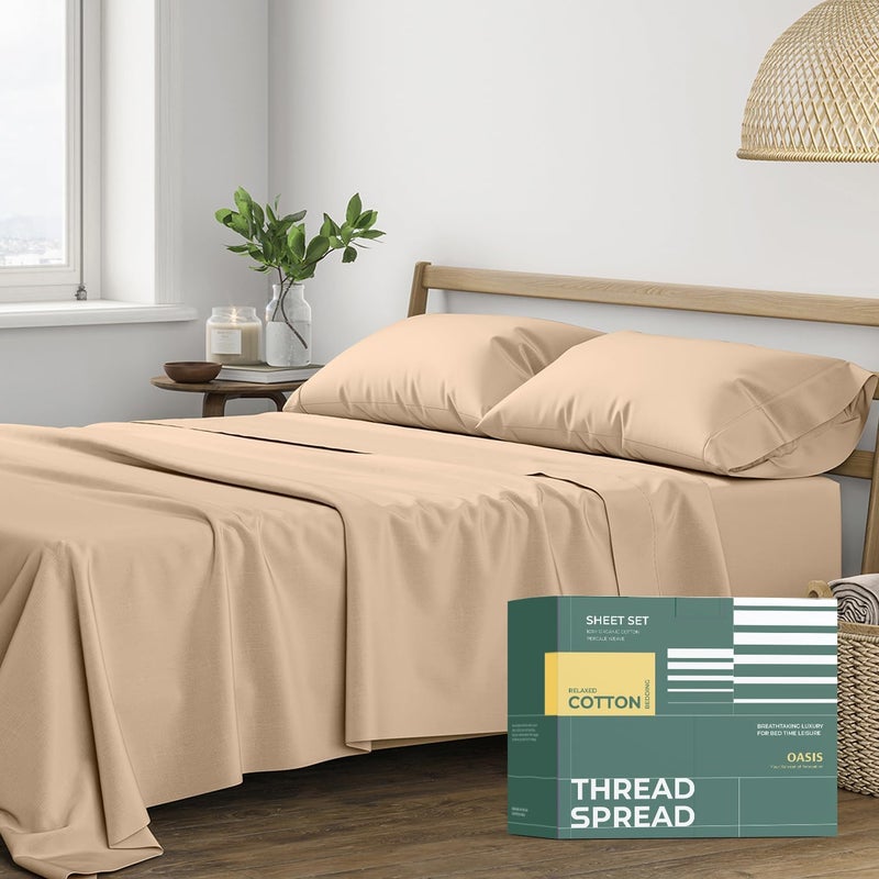 THREAD SPREAD 100% Organic Cotton Sheets Queen Size - 4 PC Organic Cotton Queen Size Percale Weave Sheet Set, Soft, Cooling, Crisp & Breathable, 16" Deep Pocket Hotel Quality Bedding Set - Taupe - Image 1