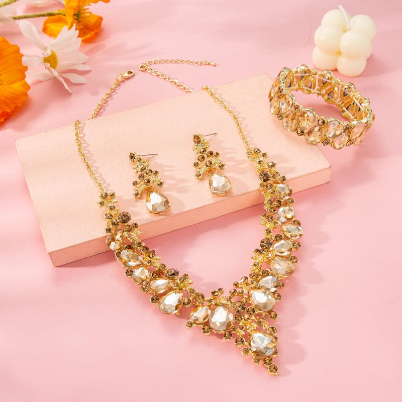 Paxuan Elegant Bridal Wedding Jewelry Set for Women / Brides / Bridesmaids Teardrop Crystal Leaf Cluster Jewelry Set for Wedding Prom Party Bridal Bridesmaids Rhinestone Crystal Necklace Earrings Bracelet Set (Champagne(Gold)) - Image 2