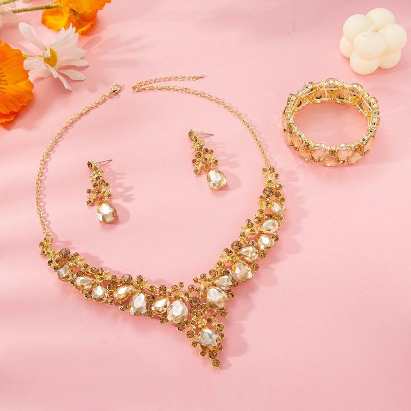 Paxuan Elegant Bridal Wedding Jewelry Set for Women / Brides / Bridesmaids Teardrop Crystal Leaf Cluster Jewelry Set for Wedding Prom Party Bridal Bridesmaids Rhinestone Crystal Necklace Earrings Bracelet Set (Champagne(Gold)) - Image 3