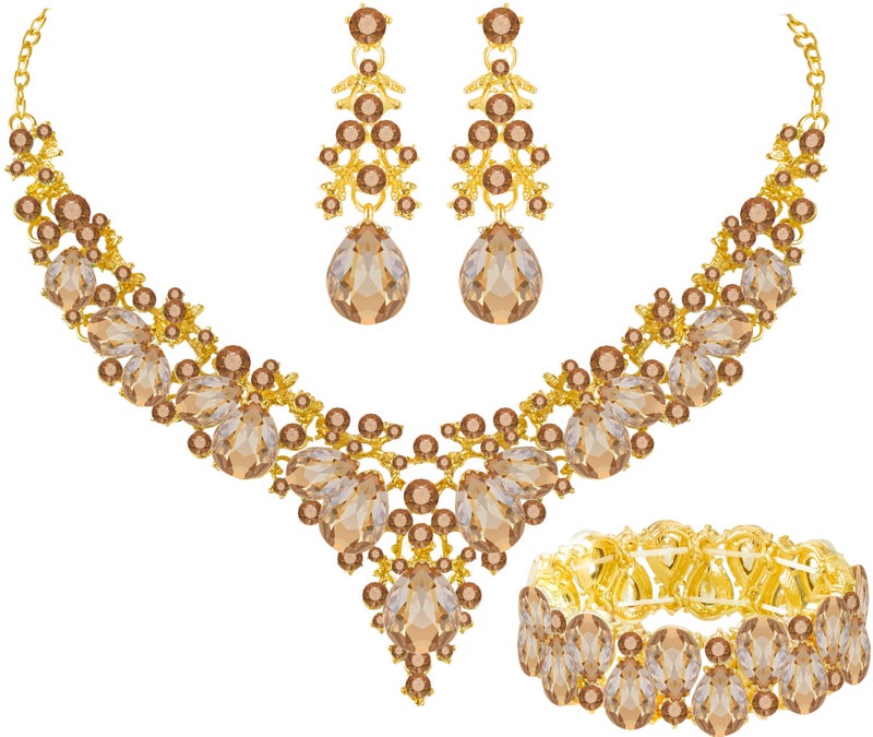 Paxuan Elegant Bridal Wedding Jewelry Set for Women / Brides / Bridesmaids Teardrop Crystal Leaf Cluster Jewelry Set for Wedding Prom Party Bridal Bridesmaids Rhinestone Crystal Necklace Earrings Bracelet Set (Champagne(Gold)) - Image 1