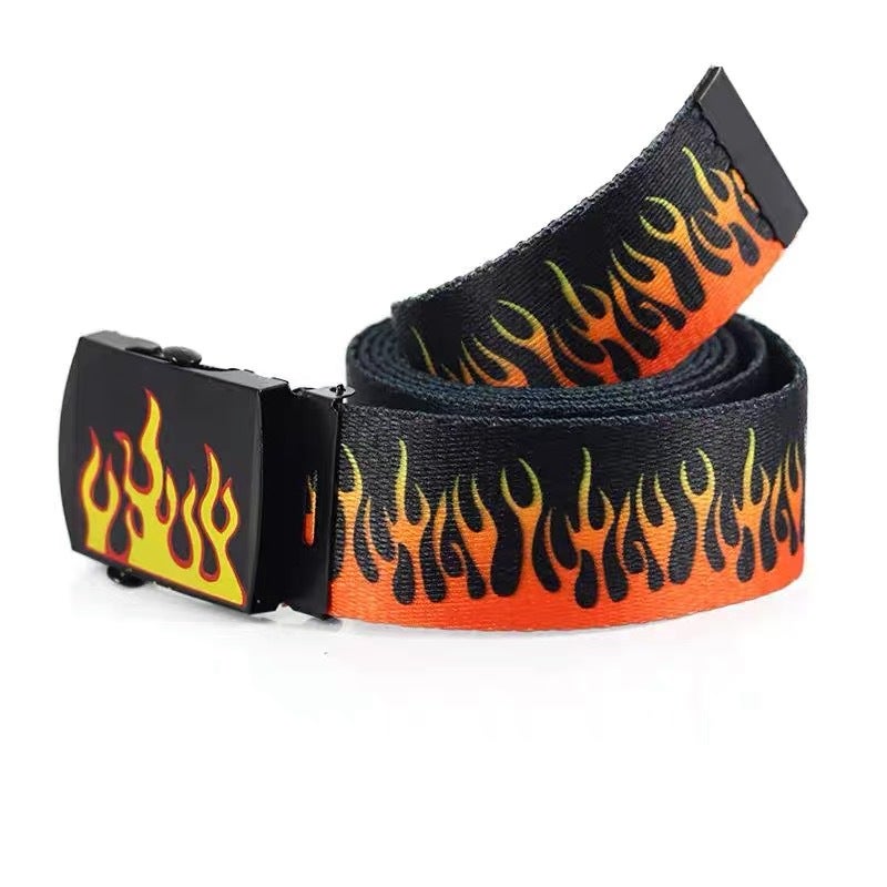 Korean Style Trendy Brand Harajuku Fashion Hip Hop Trouser Belt Trendy Unisex Canvas Belt Casual Flame Nylon Belt flame orange - Image 1