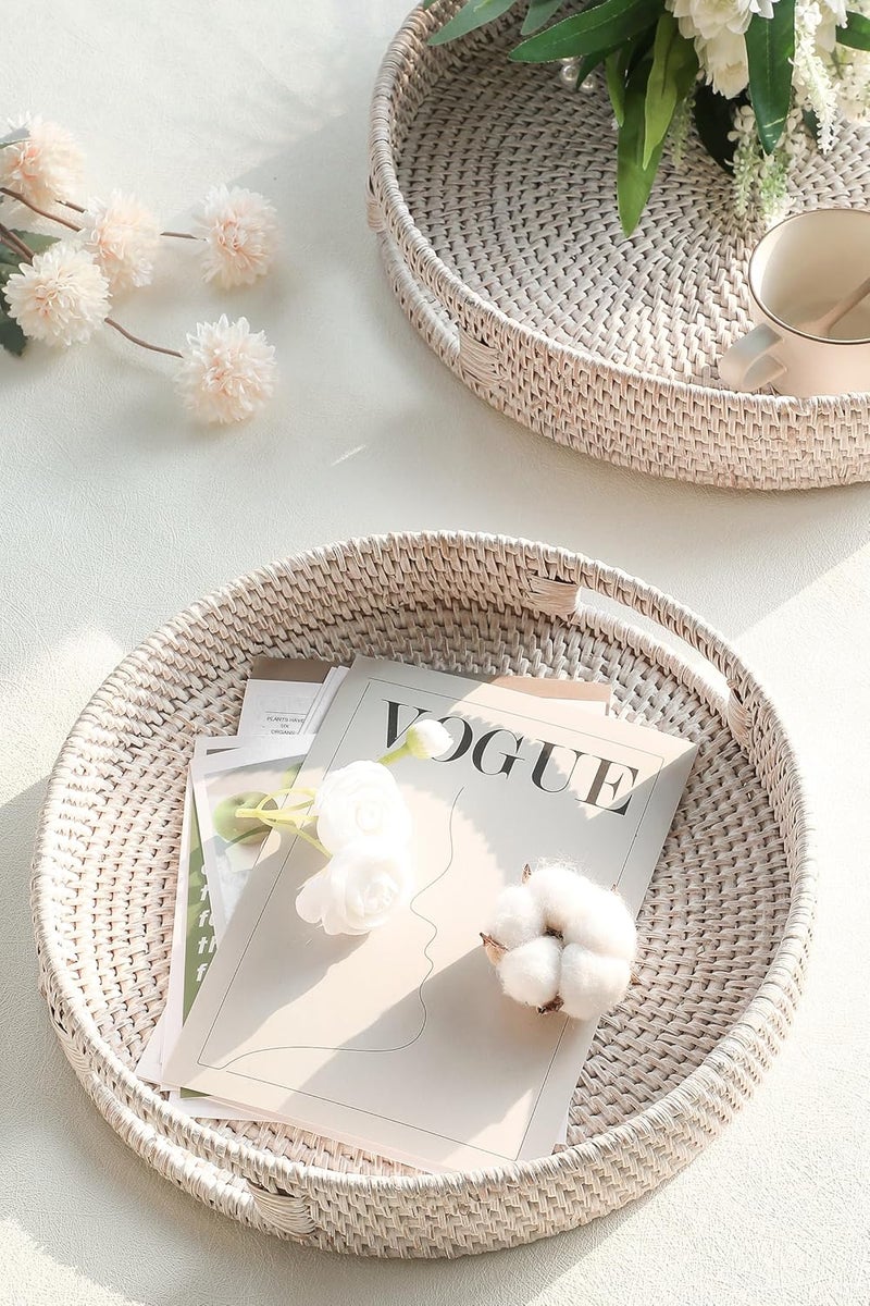 HITOMEN Hand-Woven Round Rattan Serving Tray Decorative Wicker Trays with Handles for Coffee Table (Whitewash M-11.8'') - Image 2