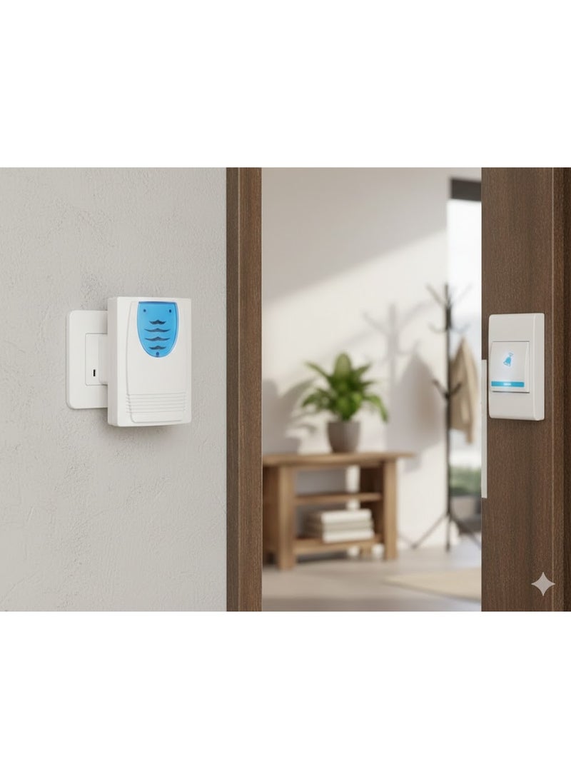 Wireless, battery-operated, waterproof doorbell with push button (transmitter) and bell unit (receiver) in a white and blue design. - Image 1