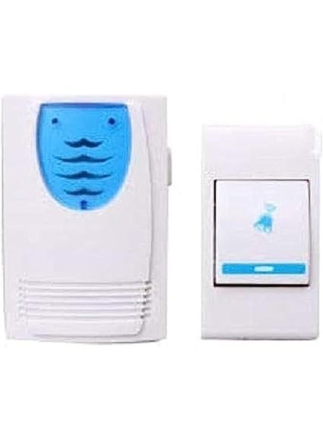 Wireless, battery-operated, waterproof doorbell with push button (transmitter) and bell unit (receiver) in a white and blue design. - Image 2