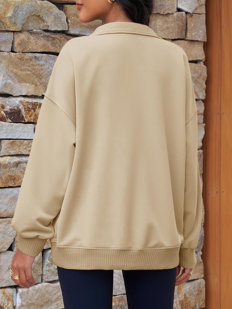 Fisoew Womens Oversized Sweatshirts Casual Long Sleeve Snap Button Henley Neck Loose Fit Fall Pullover Tops Khaki - Image 4