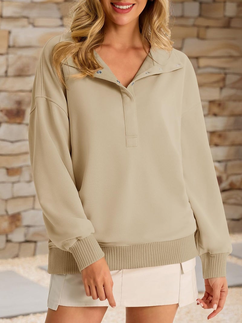 Fisoew Womens Oversized Sweatshirts Casual Long Sleeve Snap Button Henley Neck Loose Fit Fall Pullover Tops Khaki - Image 2