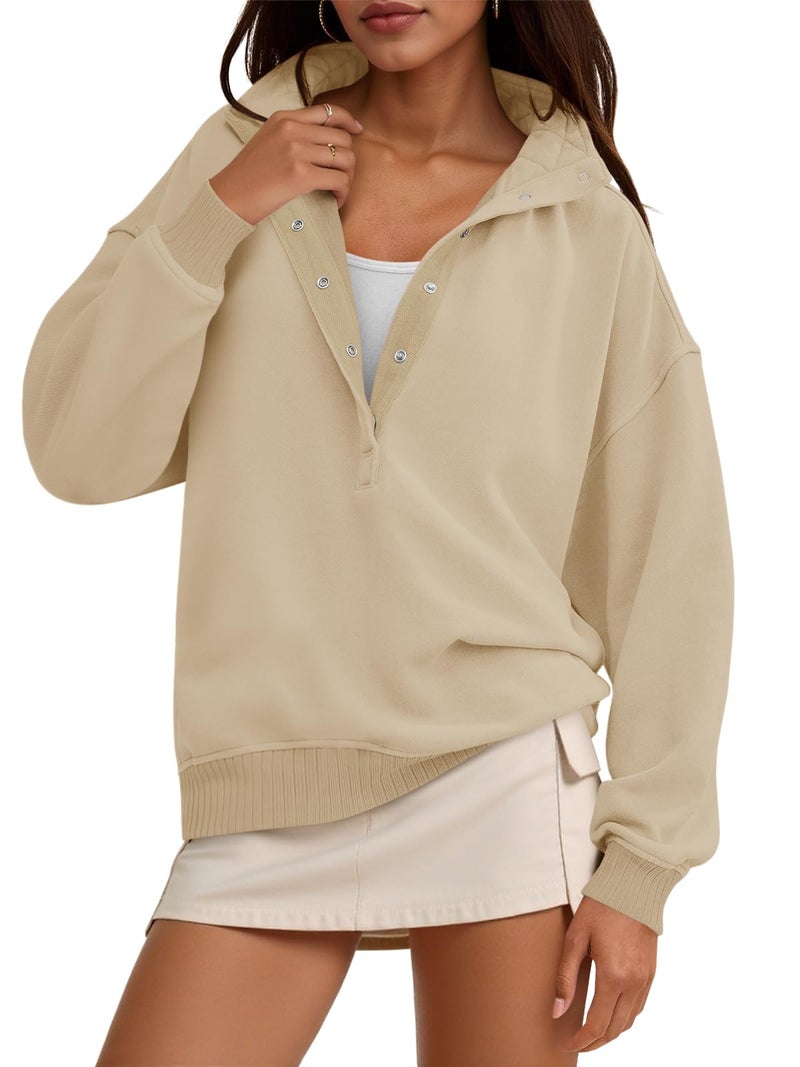 Fisoew Womens Oversized Sweatshirts Casual Long Sleeve Snap Button Henley Neck Loose Fit Fall Pullover Tops Khaki - Image 1